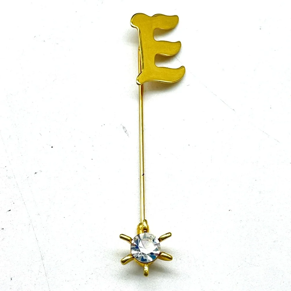 Vintage Letter E Stick Pin Gold Tone Clear Rhinestone Flower Initial Lapel